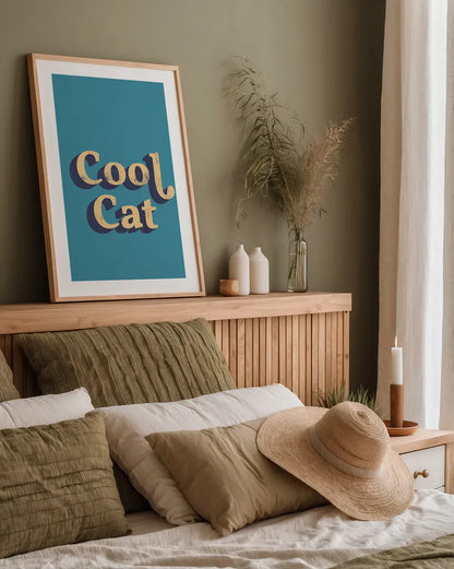 Cool Cat by Becky Thorns. shown as a paper print in a natural frame. Available as a archival giclee rolled canvas, fine art paper, or poster print. SKU 65165h.