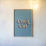 Cool Cat by Becky Thorns. shown as a paper print in a natural frame. Available as a archival giclee rolled canvas, fine art paper, or poster print. SKU 65165h.