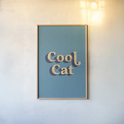 Cool Cat by Becky Thorns. shown as a paper print in a natural frame. Available as a archival giclee rolled canvas, fine art paper, or poster print. SKU 65165h.