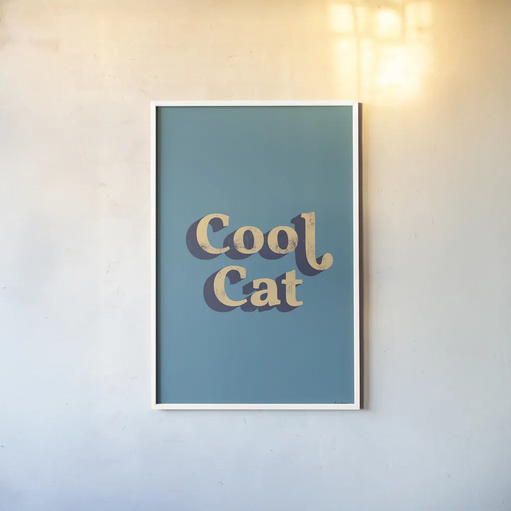 Cool Cat by Becky Thorns. shown as a paper print in a white frame. Available as a archival giclee rolled canvas, fine art paper, or poster print. SKU 65165h.
