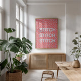 Crafty III by Becky Thorns. shown as a print in a natural wood frame in a dining room. Available as a archival giclee rolled canvas, fine art paper, or poster print. SKU 88735h.