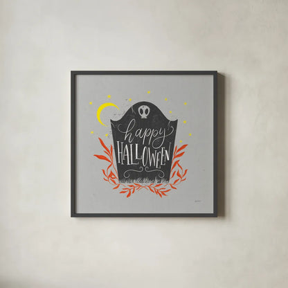 Cute Halloween I Neutral by Becky Thorns. Shown in a sleek black glass frame for a contemporary gallery look. Available as an archival giclee rolled canvas, fine art paper, or poster print. SKU 74798a.
