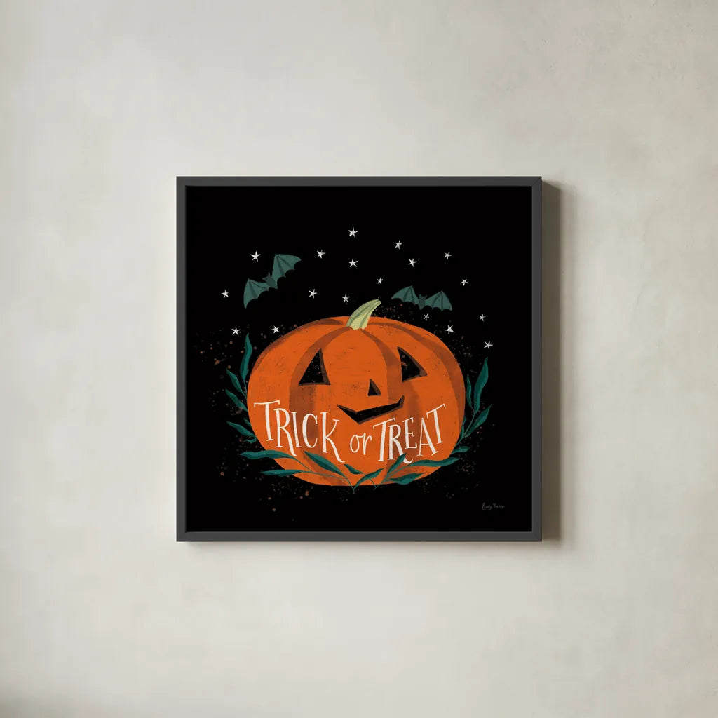 Cute Halloween II by Becky Thorns. Shown in a sleek black glass frame for a contemporary gallery look. Available as an archival giclee rolled canvas, fine art paper, or poster print. SKU 74385a.