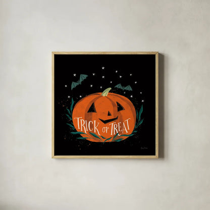 Cute Halloween II by Becky Thorns. Shown in a natural wood glass frame for a timeless modern aesthetic. Available as an archival giclee rolled canvas, fine art paper, or poster print. SKU 74385a.