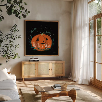 Cute Halloween II by Becky Thorns. Shown in a natural wood frame in a cozy modern living room. Available as an archival giclee rolled canvas, fine art paper, or poster print. SKU 74385a.
