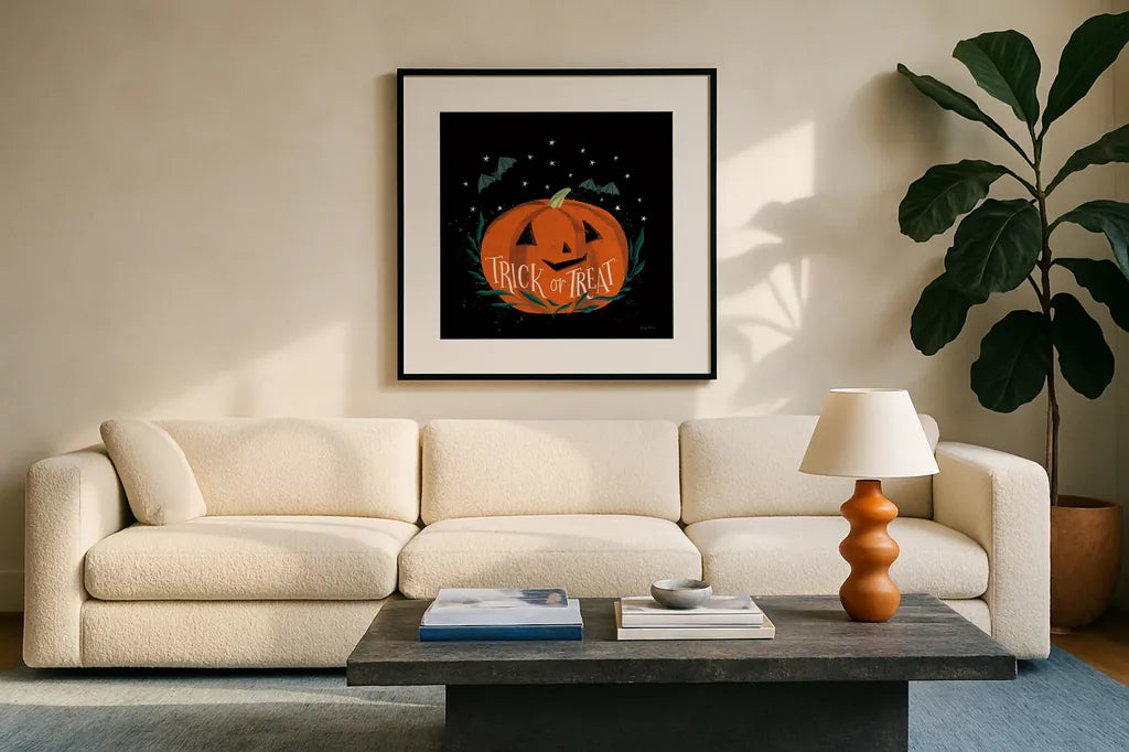 Cute Halloween II by Becky Thorns. Displayed in a glass frame with matte in a clean modern living room. Available as an archival giclee rolled canvas, fine art paper, or poster print. SKU 74385a.