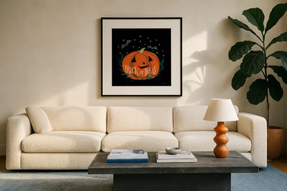 Cute Halloween II by Becky Thorns. Displayed in a glass frame with matte in a clean modern living room. Available as an archival giclee rolled canvas, fine art paper, or poster print. SKU 74385a.