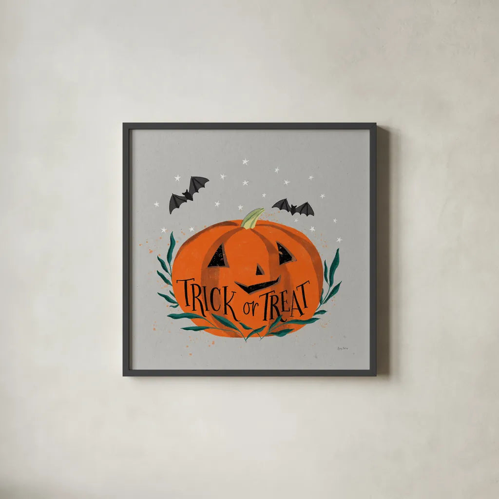 Cute Halloween II Neutral by Becky Thorns. Shown in a sleek black glass frame for a contemporary gallery look. Available as an archival giclee rolled canvas, fine art paper, or poster print. SKU 74799a.