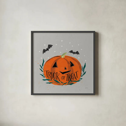 Cute Halloween II Neutral by Becky Thorns. Shown in a sleek black glass frame for a contemporary gallery look. Available as an archival giclee rolled canvas, fine art paper, or poster print. SKU 74799a.