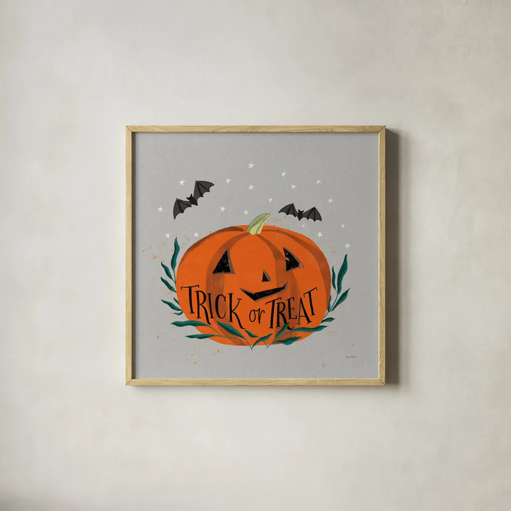 Cute Halloween II Neutral by Becky Thorns. Shown in a natural wood glass frame for a timeless modern aesthetic. Available as an archival giclee rolled canvas, fine art paper, or poster print. SKU 74799a.
