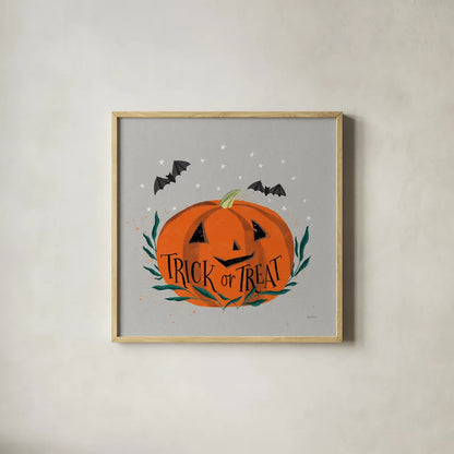 Cute Halloween II Neutral by Becky Thorns. Shown in a natural wood glass frame for a timeless modern aesthetic. Available as an archival giclee rolled canvas, fine art paper, or poster print. SKU 74799a.