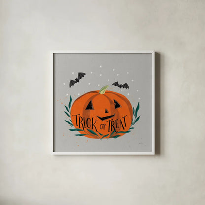 Cute Halloween II Neutral by Becky Thorns. Shown in a crisp white glass frame for a clean and minimalist style. Available as an archival giclee rolled canvas, fine art paper, or poster print. SKU 74799a.