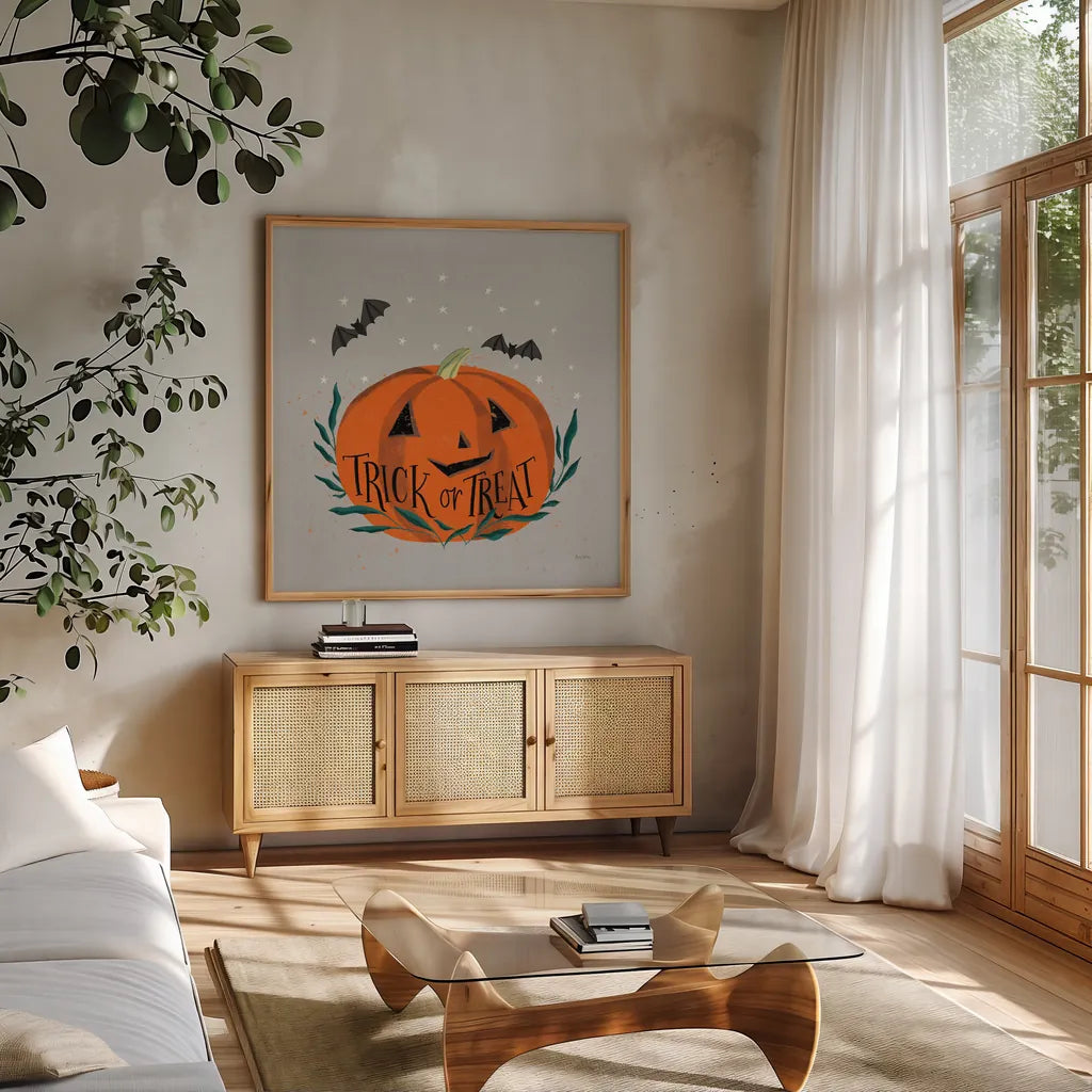 Cute Halloween II Neutral by Becky Thorns. Shown in a natural wood frame in a cozy modern living room. Available as an archival giclee rolled canvas, fine art paper, or poster print. SKU 74799a.