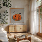 Cute Halloween II Neutral by Becky Thorns. Shown in a natural wood frame in a cozy modern living room. Available as an archival giclee rolled canvas, fine art paper, or poster print. SKU 74799a.