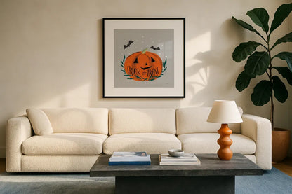 Cute Halloween II Neutral by Becky Thorns. Displayed in a glass frame with matte in a clean modern living room. Available as an archival giclee rolled canvas, fine art paper, or poster print. SKU 74799a.