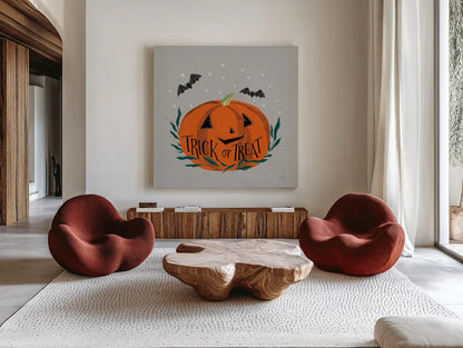 Cute Halloween II Neutral by Becky Thorns. Shown as extra-large giant wall art in a modern living room. Available as an archival giclee rolled canvas, fine art paper, or poster print. SKU 74799a.