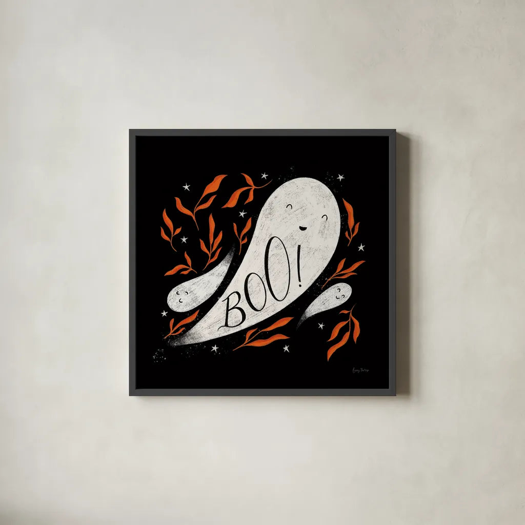 Cute Halloween III by Becky Thorns. Shown in a sleek black glass frame for a contemporary gallery look. Available as an archival giclee rolled canvas, fine art paper, or poster print. SKU 74386a.