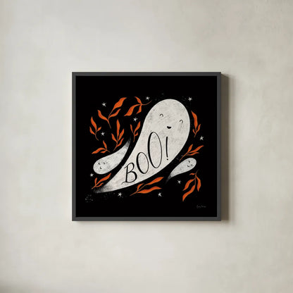 Cute Halloween III by Becky Thorns. Shown in a sleek black glass frame for a contemporary gallery look. Available as an archival giclee rolled canvas, fine art paper, or poster print. SKU 74386a.