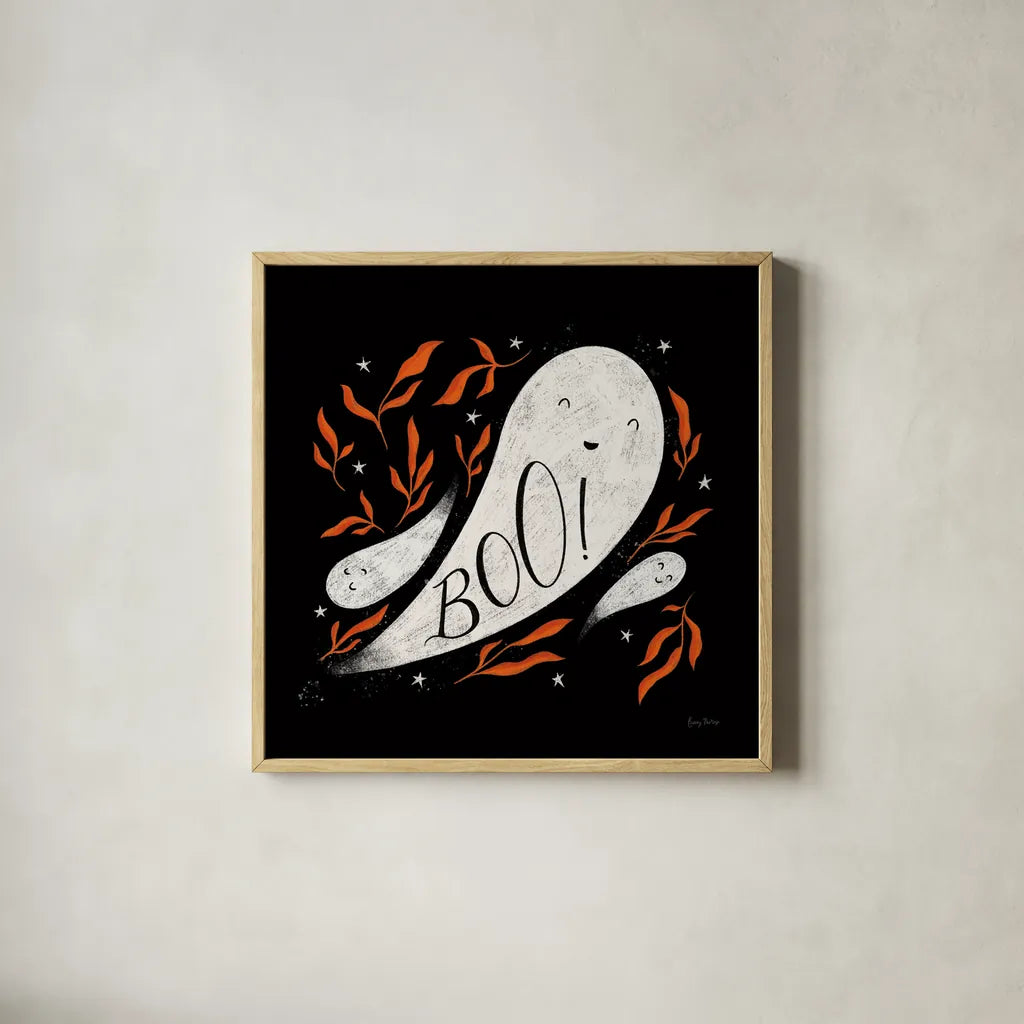 Cute Halloween III by Becky Thorns. Shown in a natural wood glass frame for a timeless modern aesthetic. Available as an archival giclee rolled canvas, fine art paper, or poster print. SKU 74386a.