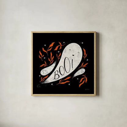 Cute Halloween III by Becky Thorns. Shown in a natural wood glass frame for a timeless modern aesthetic. Available as an archival giclee rolled canvas, fine art paper, or poster print. SKU 74386a.