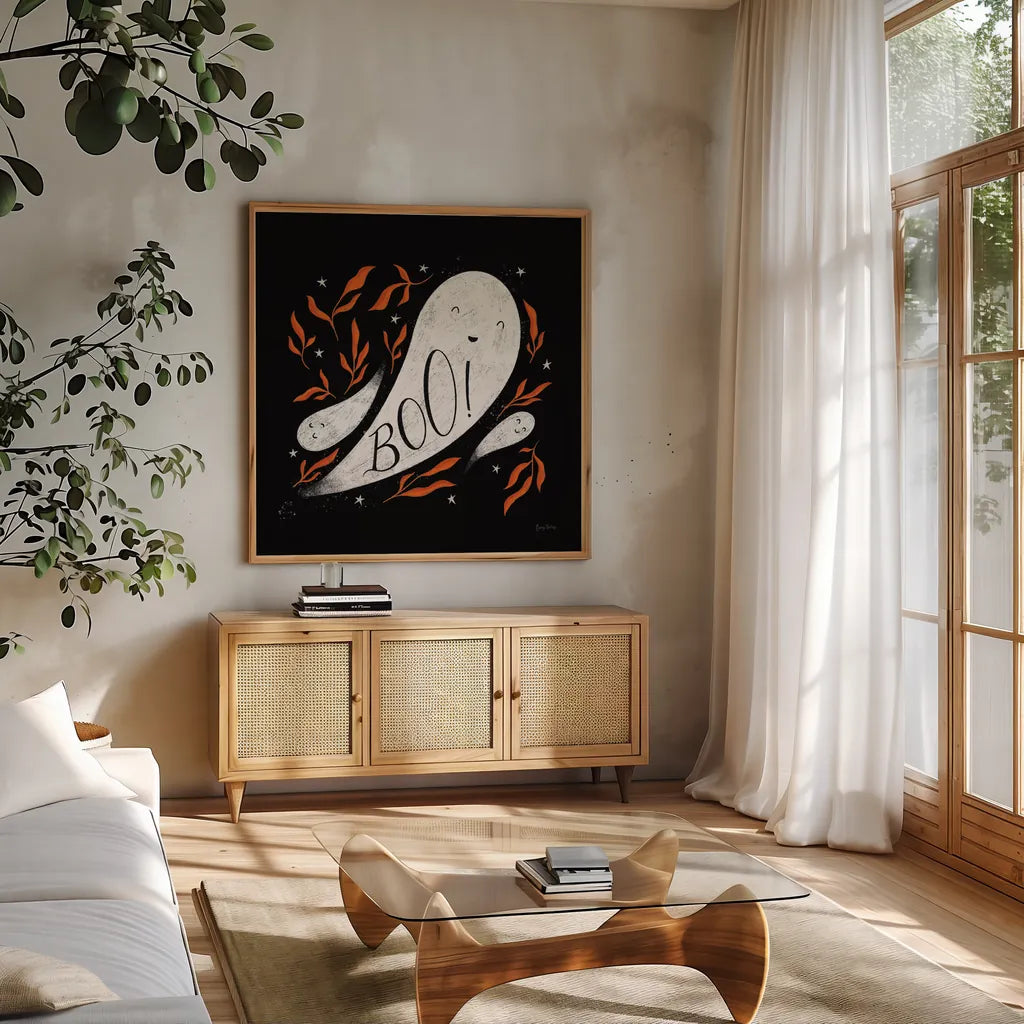 Cute Halloween III by Becky Thorns. Shown in a natural wood frame in a cozy modern living room. Available as an archival giclee rolled canvas, fine art paper, or poster print. SKU 74386a.