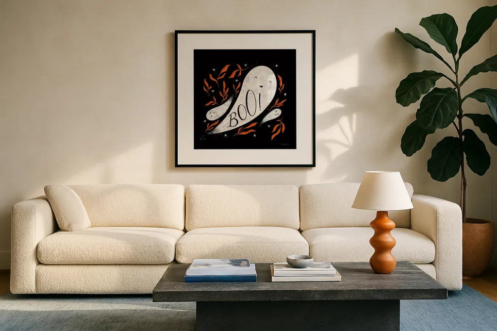 Cute Halloween III by Becky Thorns. Displayed in a glass frame with matte in a clean modern living room. Available as an archival giclee rolled canvas, fine art paper, or poster print. SKU 74386a.