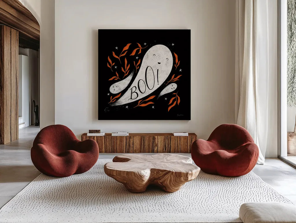 Cute Halloween III by Becky Thorns. Shown as extra-large giant wall art in a modern living room. Available as an archival giclee rolled canvas, fine art paper, or poster print. SKU 74386a.