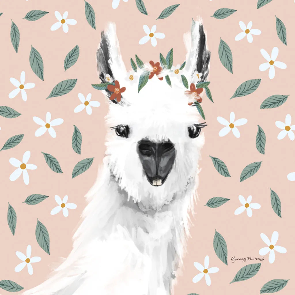 Delightful Alpacas I Floral Crop by Becky Thorns. SKU 58402a. Archival Giclee Fine art print for wall decor.