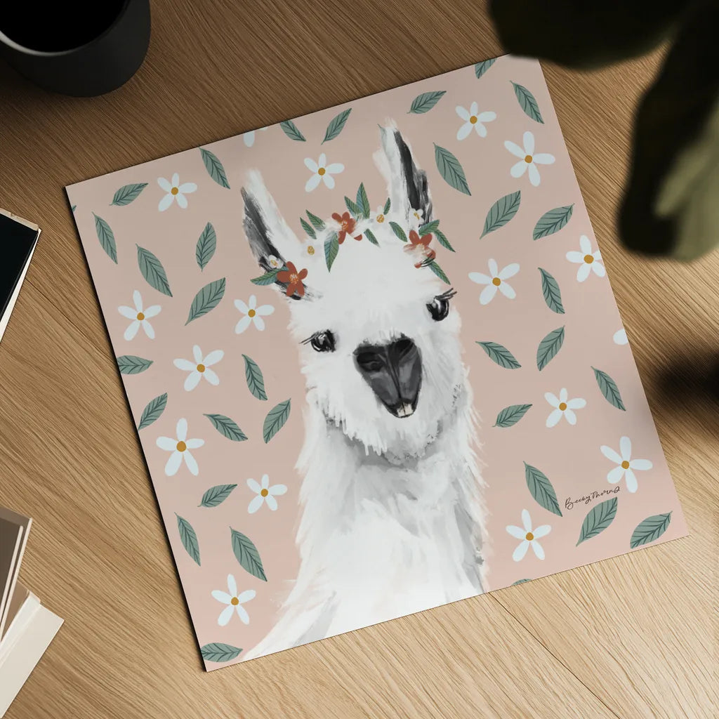 Delightful Alpacas I Floral Crop by Becky Thorns. Shown as a detailed flat fine art print, highlighting archival giclee quality. Available as an archival giclee rolled canvas, fine art paper, or poster print. SKU 58402a.