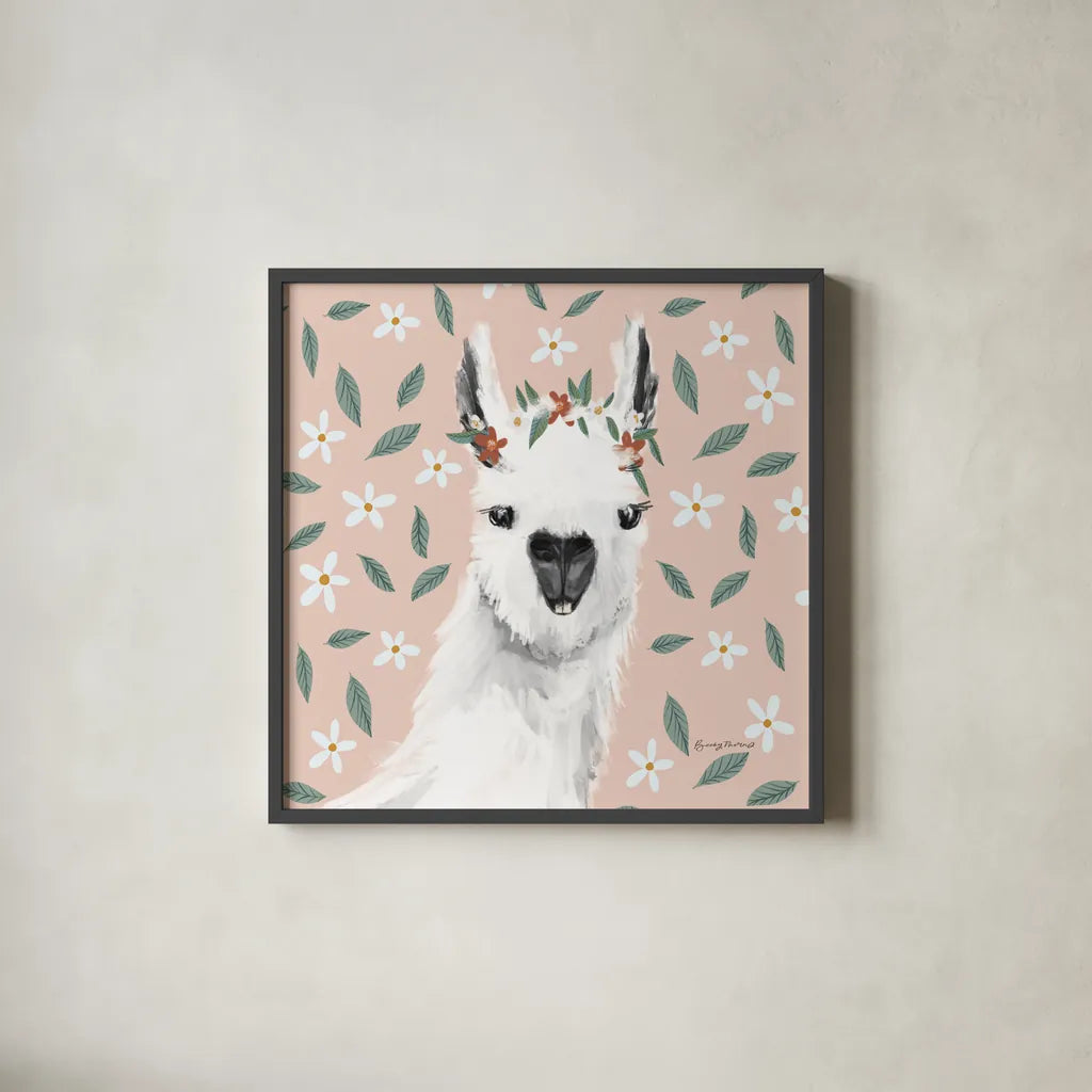 Delightful Alpacas I Floral Crop by Becky Thorns. Shown in a sleek black glass frame for a contemporary gallery look. Available as an archival giclee rolled canvas, fine art paper, or poster print. SKU 58402a.