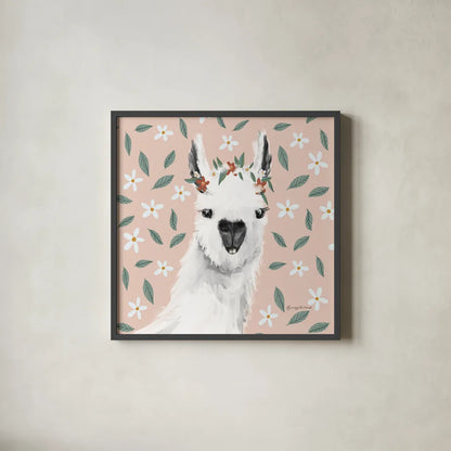 Delightful Alpacas I Floral Crop by Becky Thorns. Shown in a sleek black glass frame for a contemporary gallery look. Available as an archival giclee rolled canvas, fine art paper, or poster print. SKU 58402a.
