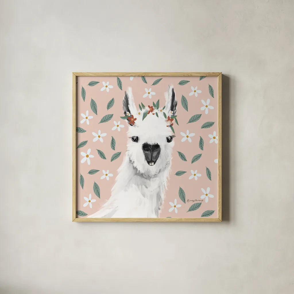 Delightful Alpacas I Floral Crop by Becky Thorns. Shown in a natural wood glass frame for a timeless modern aesthetic. Available as an archival giclee rolled canvas, fine art paper, or poster print. SKU 58402a.