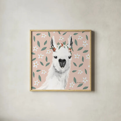 Delightful Alpacas I Floral Crop by Becky Thorns. Shown in a natural wood glass frame for a timeless modern aesthetic. Available as an archival giclee rolled canvas, fine art paper, or poster print. SKU 58402a.