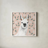 Delightful Alpacas I Floral Crop by Becky Thorns. Shown in a crisp white glass frame for a clean and minimalist style. Available as an archival giclee rolled canvas, fine art paper, or poster print. SKU 58402a.