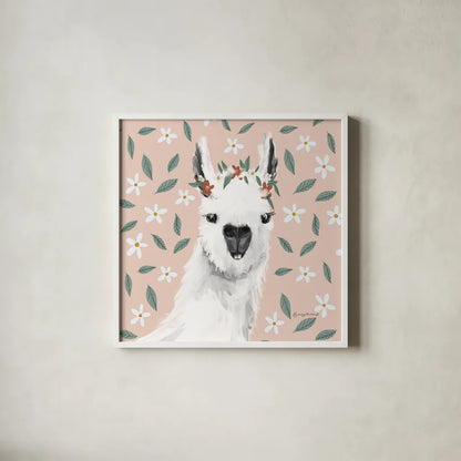 Delightful Alpacas I Floral Crop by Becky Thorns. Shown in a crisp white glass frame for a clean and minimalist style. Available as an archival giclee rolled canvas, fine art paper, or poster print. SKU 58402a.