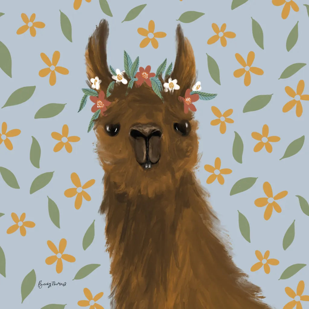 Delightful Alpacas II Floral Crop by Becky Thorns. SKU 58403a. Archival Giclee Fine art print for wall decor.