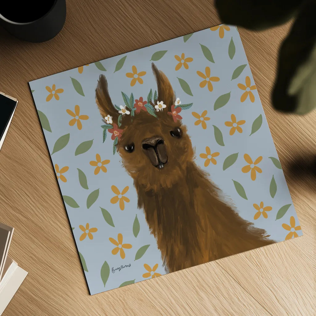 Delightful Alpacas II Floral Crop by Becky Thorns. Shown as a detailed flat fine art print, highlighting archival giclee quality. Available as an archival giclee rolled canvas, fine art paper, or poster print. SKU 58403a.