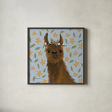 Delightful Alpacas II Floral Crop by Becky Thorns. Shown in a sleek black glass frame for a contemporary gallery look. Available as an archival giclee rolled canvas, fine art paper, or poster print. SKU 58403a.