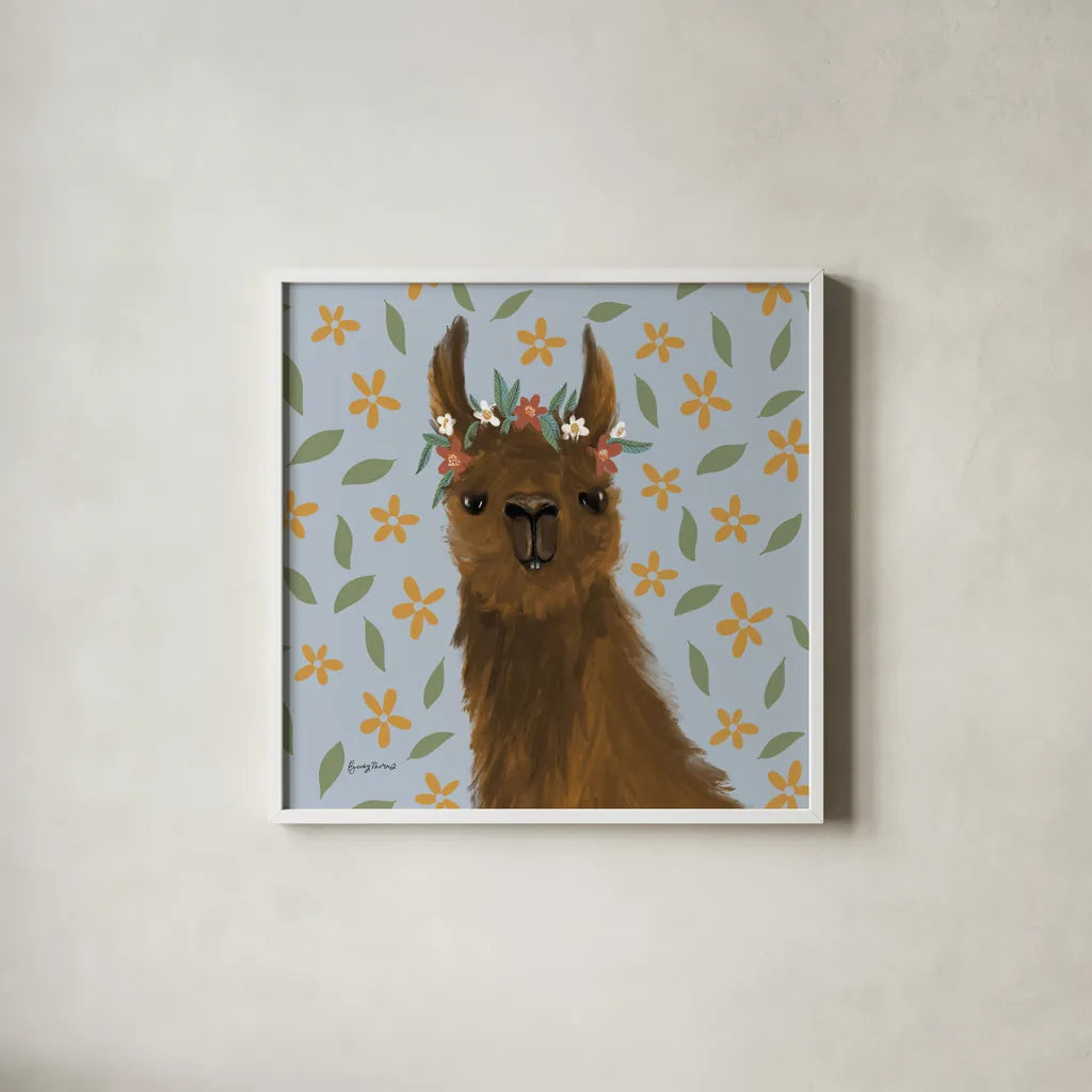 Delightful Alpacas II Floral Crop by Becky Thorns. Shown in a crisp white glass frame for a clean and minimalist style. Available as an archival giclee rolled canvas, fine art paper, or poster print. SKU 58403a.
