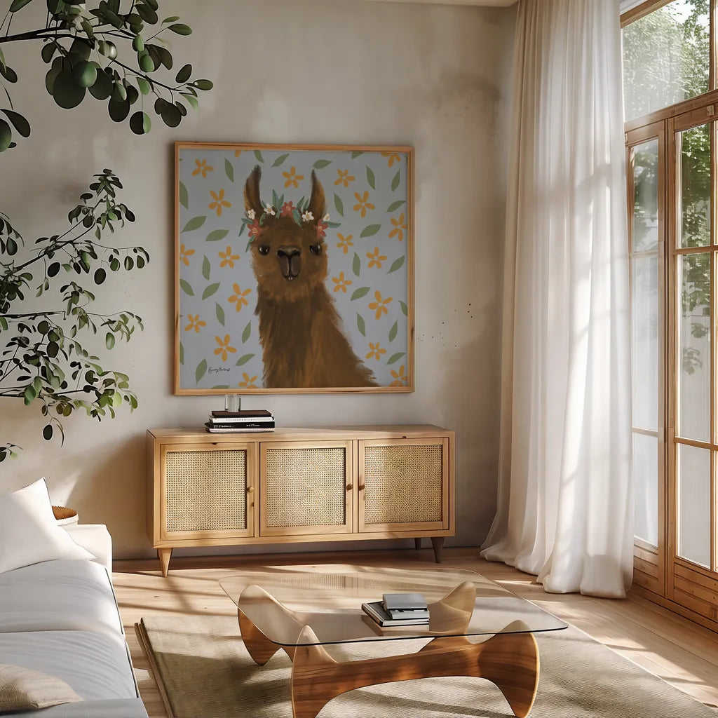 Delightful Alpacas II Floral Crop by Becky Thorns. Shown in a natural wood frame in a cozy modern living room. Available as an archival giclee rolled canvas, fine art paper, or poster print. SKU 58403a.