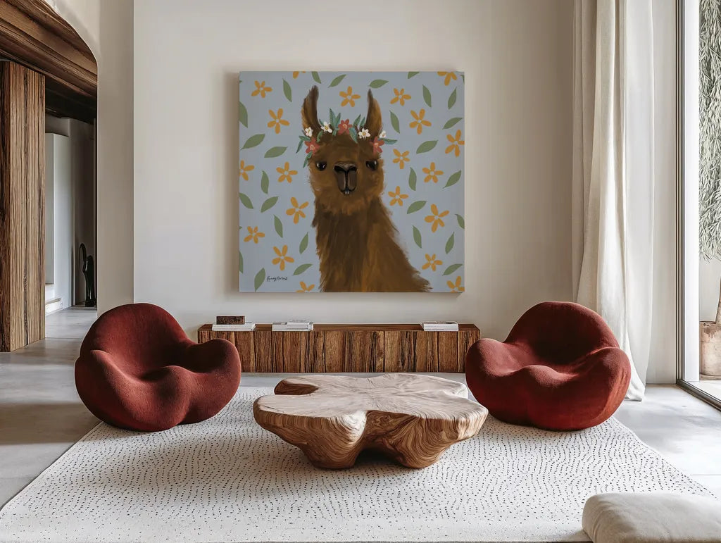 Delightful Alpacas II Floral Crop by Becky Thorns. Shown as extra-large giant wall art in a modern living room. Available as an archival giclee rolled canvas, fine art paper, or poster print. SKU 58403a.
