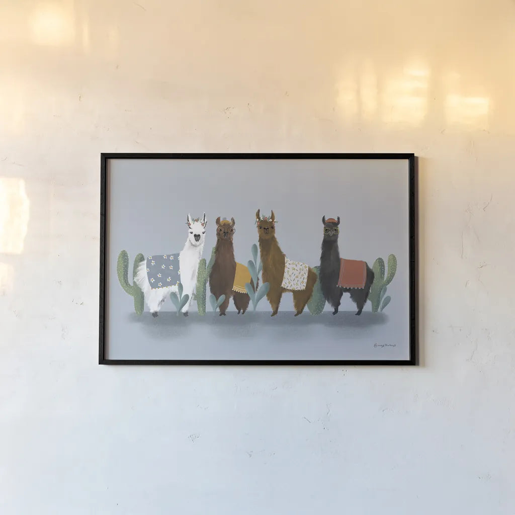 Delightful Alpacas V by Becky Thorns. shown as a paper print in a black flame. Available as a archival giclee rolled canvas, fine art paper, or poster print. SKU 53091i.