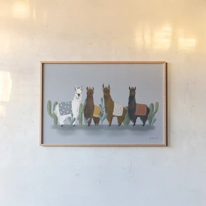 Delightful Alpacas V by Becky Thorns. shown as a paper print in a natural frame. Available as a archival giclee rolled canvas, fine art paper, or poster print. SKU 53091i.