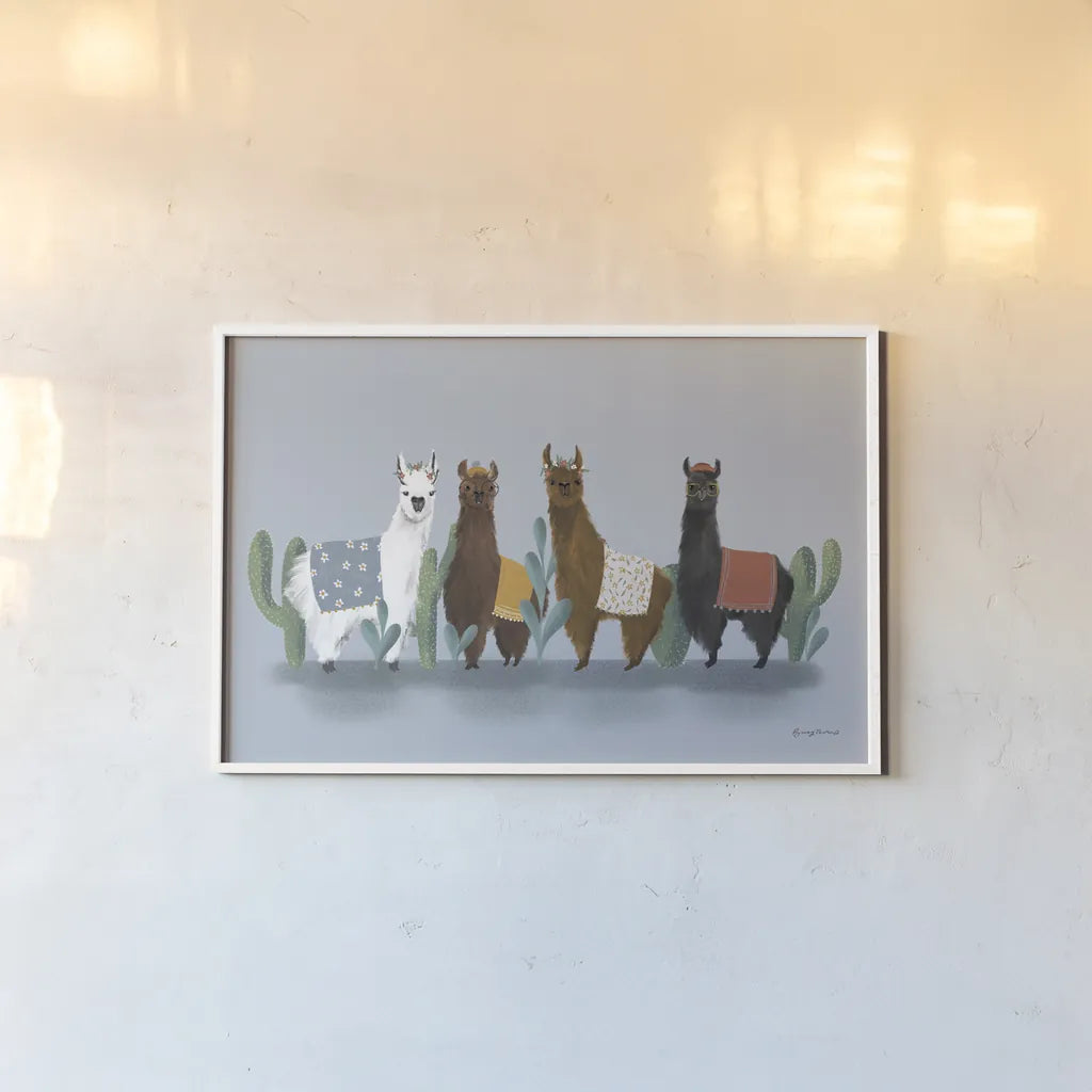 Delightful Alpacas V by Becky Thorns. shown as a paper print in a white frame. Available as a archival giclee rolled canvas, fine art paper, or poster print. SKU 53091i.