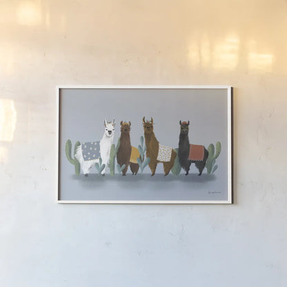 Delightful Alpacas V by Becky Thorns. shown as a paper print in a white frame. Available as a archival giclee rolled canvas, fine art paper, or poster print. SKU 53091i.
