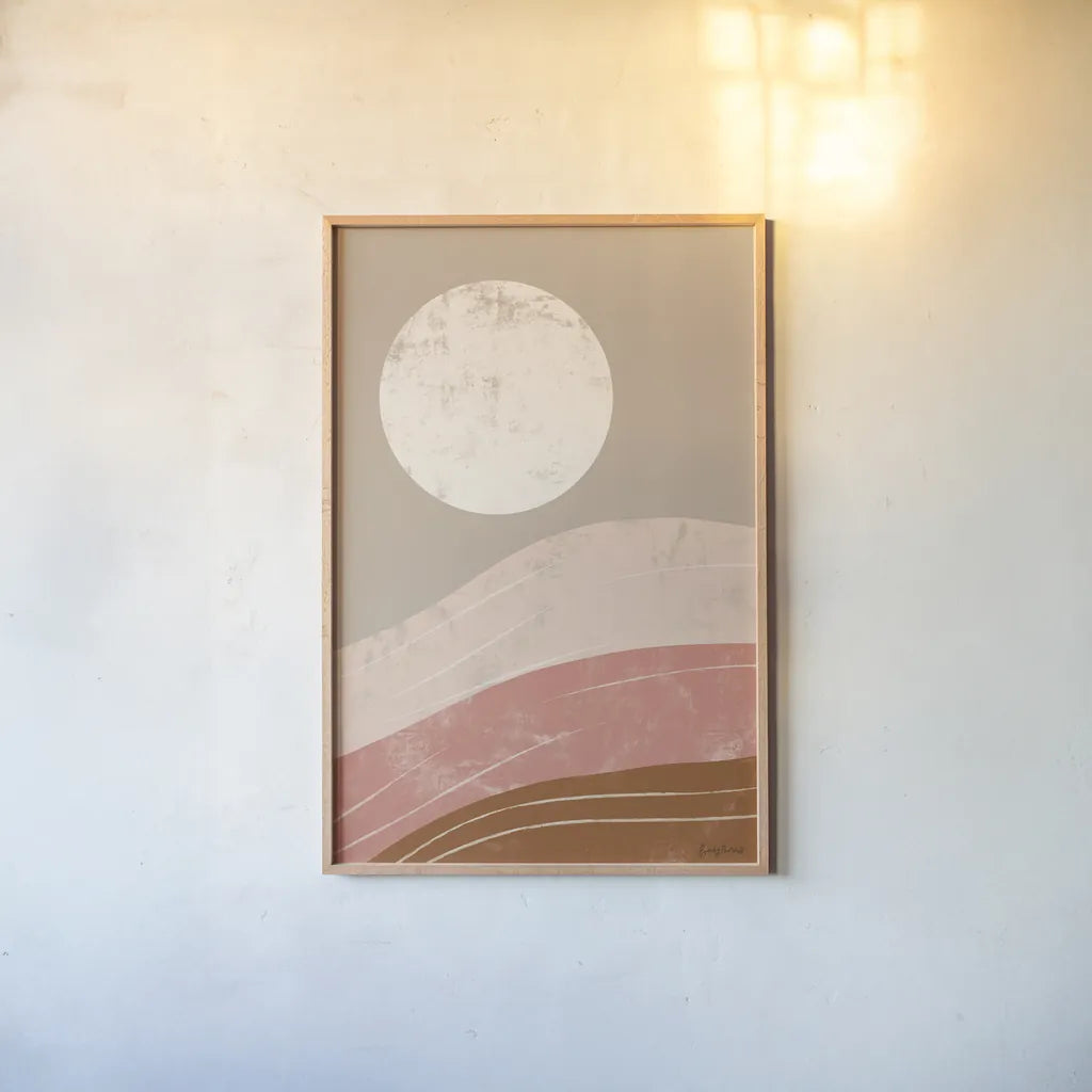 Desert Sunrise I by Becky Thorns. shown as a paper print in a natural frame. Available as a archival giclee rolled canvas, fine art paper, or poster print. SKU 69664h.