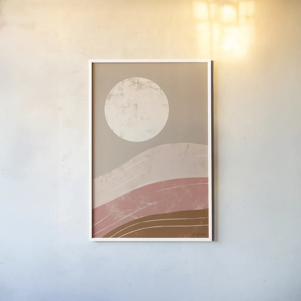 Desert Sunrise I by Becky Thorns. shown as a paper print in a white frame. Available as a archival giclee rolled canvas, fine art paper, or poster print. SKU 69664h.