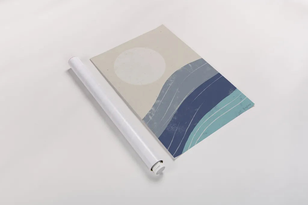 Desert Sunrise I Blue by Becky Thorns. shown as a rolled paper print. Available as archival giclee rolled canvas, fine art paper, or poster print. SKU 74762h.