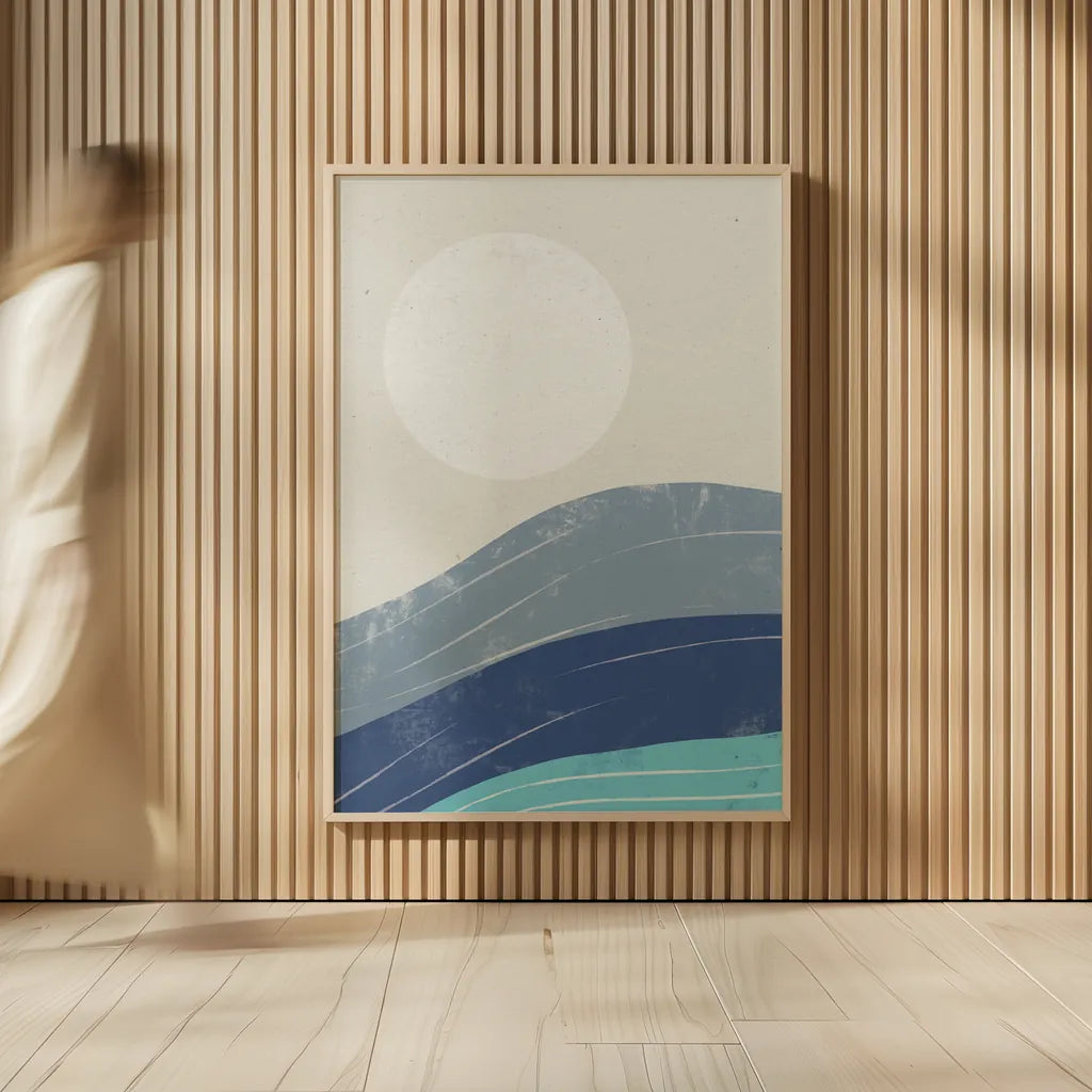 Desert Sunrise I Blue by Becky Thorns. shown as over sized large wall art. Available as an archival giclee rolled canvas, fine art paper, or poster print. SKU 74762h.