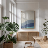 Desert Sunrise I Blue by Becky Thorns. shown as a print in a natural wood frame in a dining room. Available as a archival giclee rolled canvas, fine art paper, or poster print. SKU 74762h.